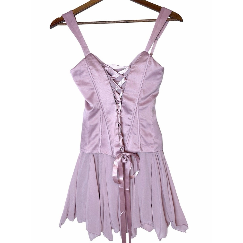 Oh Polly Mauve Pink Satin Corset Lace Up Mini Dress Coquette Fairycore US 2 - Picture 2 of 9
